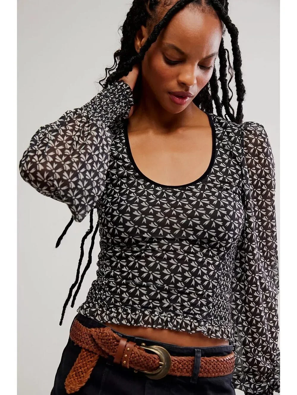 FREE PEOPLE Dottie Printed Long Sleeve Knit sheer Crop Top